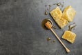 Flat lay composition with fresh honey n grey background Royalty Free Stock Photo