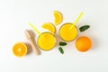 Flat lay composition with fresh orange juices, wooden juicer, mint, oranges and wooden juicer on white background Royalty Free Stock Photo