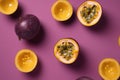 Flat lay composition with fresh passion fruit on color background. Generative AI