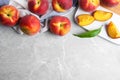 Flat lay composition with fresh peaches and space for text Royalty Free Stock Photo