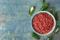 Flat lay composition with fresh raw minced meat on wooden table. Space for text Royalty Free Stock Photo