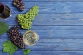 Flat lay composition with fresh ripe juicy grapes on blue wooden table Royalty Free Stock Photo