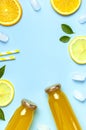 Flat lay composition with glass bottles of juice or fresh, slices of fresh lemon and orange, green leaves, ice cubes on Royalty Free Stock Photo