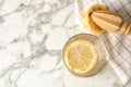 Flat lay composition with glass of water and chia seeds Royalty Free Stock Photo