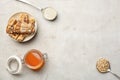 Flat lay composition with grain cereal bars