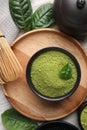 Flat lay composition with green matcha powder on table Royalty Free Stock Photo