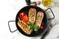 Flat lay composition with grill pan of fried eggplants Royalty Free Stock Photo