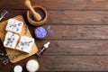 Flat lay composition with hand made soap bars and lavender flowers Royalty Free Stock Photo