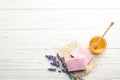 Flat lay composition with handmade soap bars and space for text Royalty Free Stock Photo