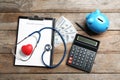 Flat lay composition with health insurance form and stethoscope Royalty Free Stock Photo