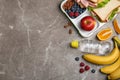 Flat lay composition with healthy food and space for text on table. School lunch Royalty Free Stock Photo