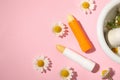 Flat lay composition with hygienic lipsticks on background Royalty Free Stock Photo