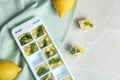 Flat lay composition with ice cube tray and and lemons