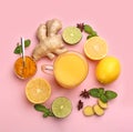 Flat lay composition with immunity boosting drink and ingredients on pink background Royalty Free Stock Photo