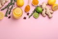 Flat lay composition with immunity boosting drink on pink background. Space for text Royalty Free Stock Photo