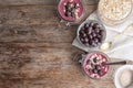 Flat lay composition with jars of tasty acai smoothie Royalty Free Stock Photo