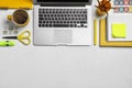 Flat lay composition with laptop and stationery on table, space for text. Designer`s workplace
