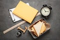 Flat lay composition with lunch box, sandwich Royalty Free Stock Photo