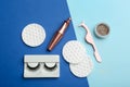 Flat lay composition with magnetic eyelashes and accessories on color background Royalty Free Stock Photo