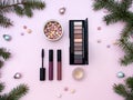 Flat lay composition with makeup cosmetic products and Christmas decor on pink background. Top view. Beauty banner for sale Royalty Free Stock Photo