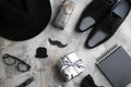 Flat lay composition male accessories and gift boxes on grey stone background. Happy Father`s day