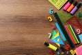 Flat lay composition with many colorful numbers and stationery on wooden table. Space for text Royalty Free Stock Photo