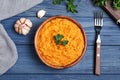 Flat lay composition with mashed sweet potatoes on table Royalty Free Stock Photo