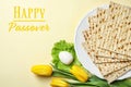Flat lay composition with matzo and space for text on color background. Passover Pesach Royalty Free Stock Photo
