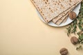 Flat lay composition with matzo on color background. Passover Pesach Seder Royalty Free Stock Photo