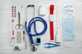 Flat lay composition with medical objects on white background Royalty Free Stock Photo