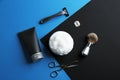 Flat lay composition with men`s cosmetic products on color background.