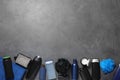 Flat lay composition with men`s personal hygiene products on grey background. Space for text Royalty Free Stock Photo