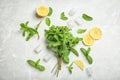 Flat lay composition with mint, citrus fruit and ice cubes