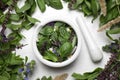 Flat lay composition with mortar and healing herbs on white wooden table