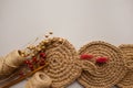 Flat lay composition with natural body jute washclothes or for dishes, and twine roll - linen or cannabis, on light grey