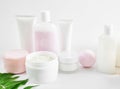 Flat lay composition Natural cosmetics ingredients for skincare, body and hair care.Top view bottles with facial treatment product Royalty Free Stock Photo