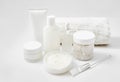 Flat lay composition Natural cosmetics ingredients for skincare, body and hair care.Top view bottles with facial treatment product Royalty Free Stock Photo