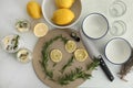 Flat lay composition with natural homemade mosquito repellent candles and ingredients on white table Royalty Free Stock Photo