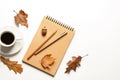 Flat lay composition with notebook, cup of coffee and autumn leaves on white background. Royalty Free Stock Photo