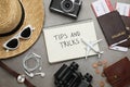 Flat lay composition with notebook on grey table. Tips and Tricks Royalty Free Stock Photo