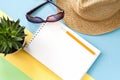 Flat lay composition with notepad, succulent, glasses and hat on colored background. Royalty Free Stock Photo