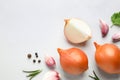 Flat lay composition with onions and spices on background Royalty Free Stock Photo