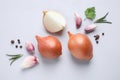 Flat lay composition with onions and spices on light background Royalty Free Stock Photo