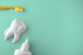 Flat lay composition with oral care products. Tooth model, teethbrush and bottle of tongue cleaner on mint background. Royalty Free Stock Photo