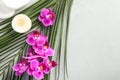 Flat lay composition with orchid flowers and spa stones on grey surface Royalty Free Stock Photo