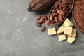 Flat lay composition with organic cocoa butter on table. Space for text Royalty Free Stock Photo