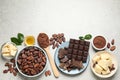 Flat lay composition with organic cocoa butter on grey table. Space for text Royalty Free Stock Photo