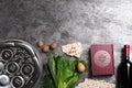 Flat lay composition with Passover Seder plate keara on grey table. Pesah celebration Royalty Free Stock Photo