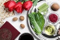 Flat lay composition with Passover Seder plate keara on wooden table. Pesah celebration