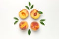 Flat lay composition with peaches. Ripe juicy peaches with green leaves on white background. Flat lay, top view, copy space. Fresh Royalty Free Stock Photo